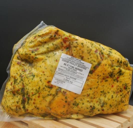Cuisses de poulet désossées marinées ail et fines herbes 1kg(env 8 pièces) direct producteur